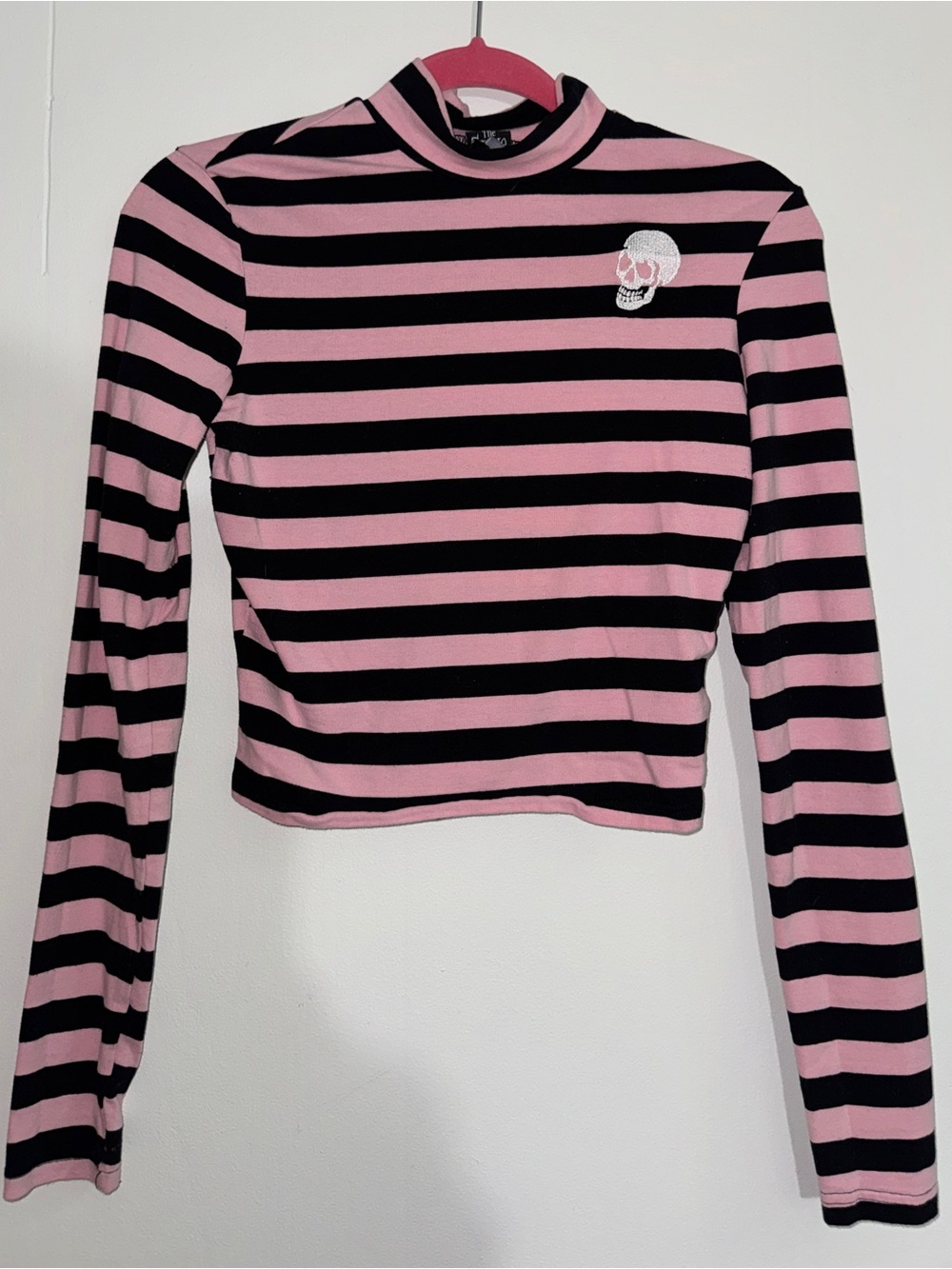 GRAVE GIRLS Striped Pink and Black Long-Sleeve Mock Neck Crop Top
